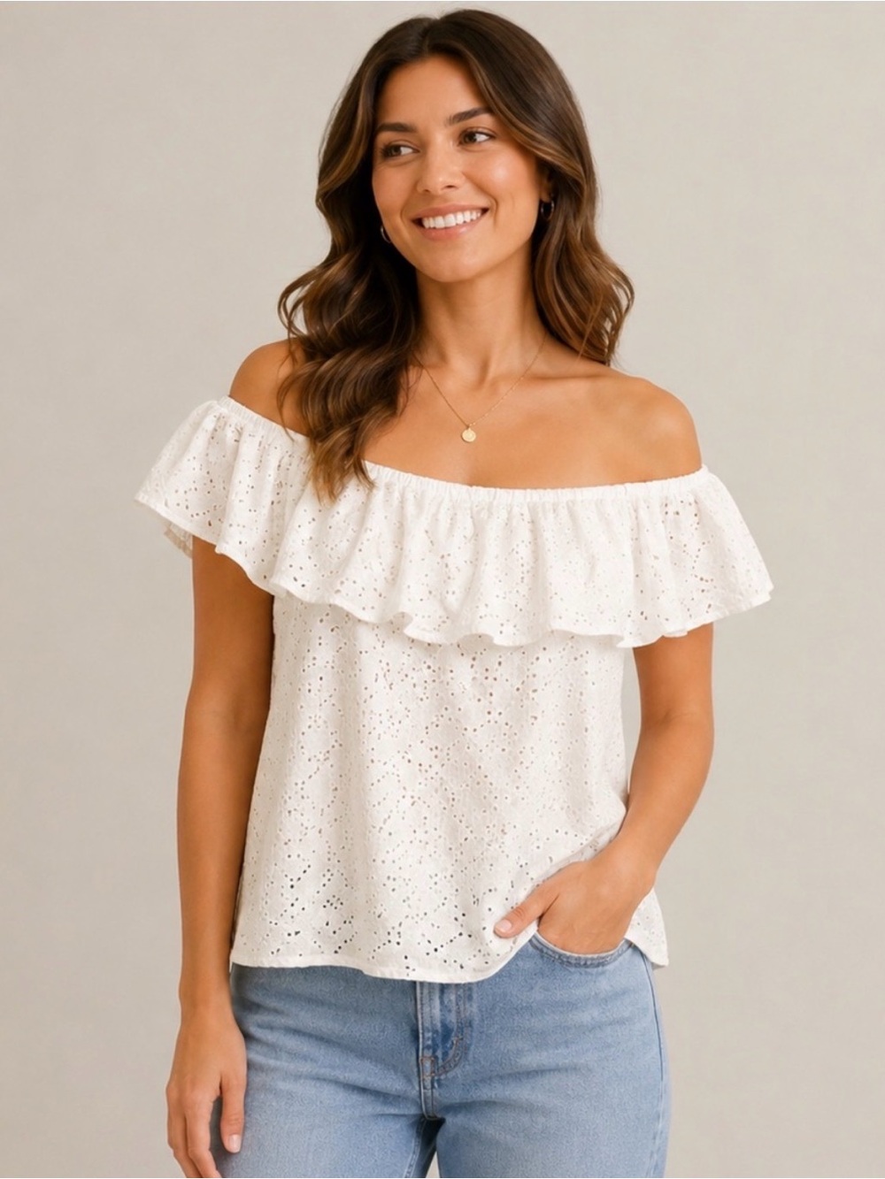 Les Amis Off-Shoulder Eyelet Ruffle Blouse in White, Women’s Size Medium